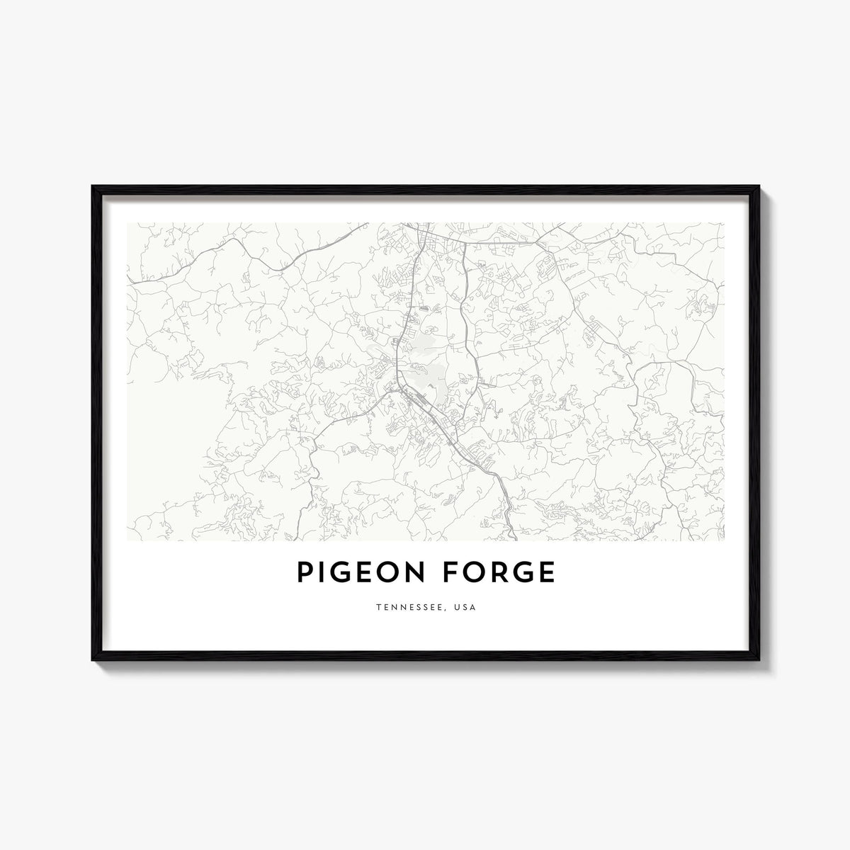 Pigeon Forge black & white map poster of Tennessee, USA – horizontal wall art, unframed print shown in interior mockup