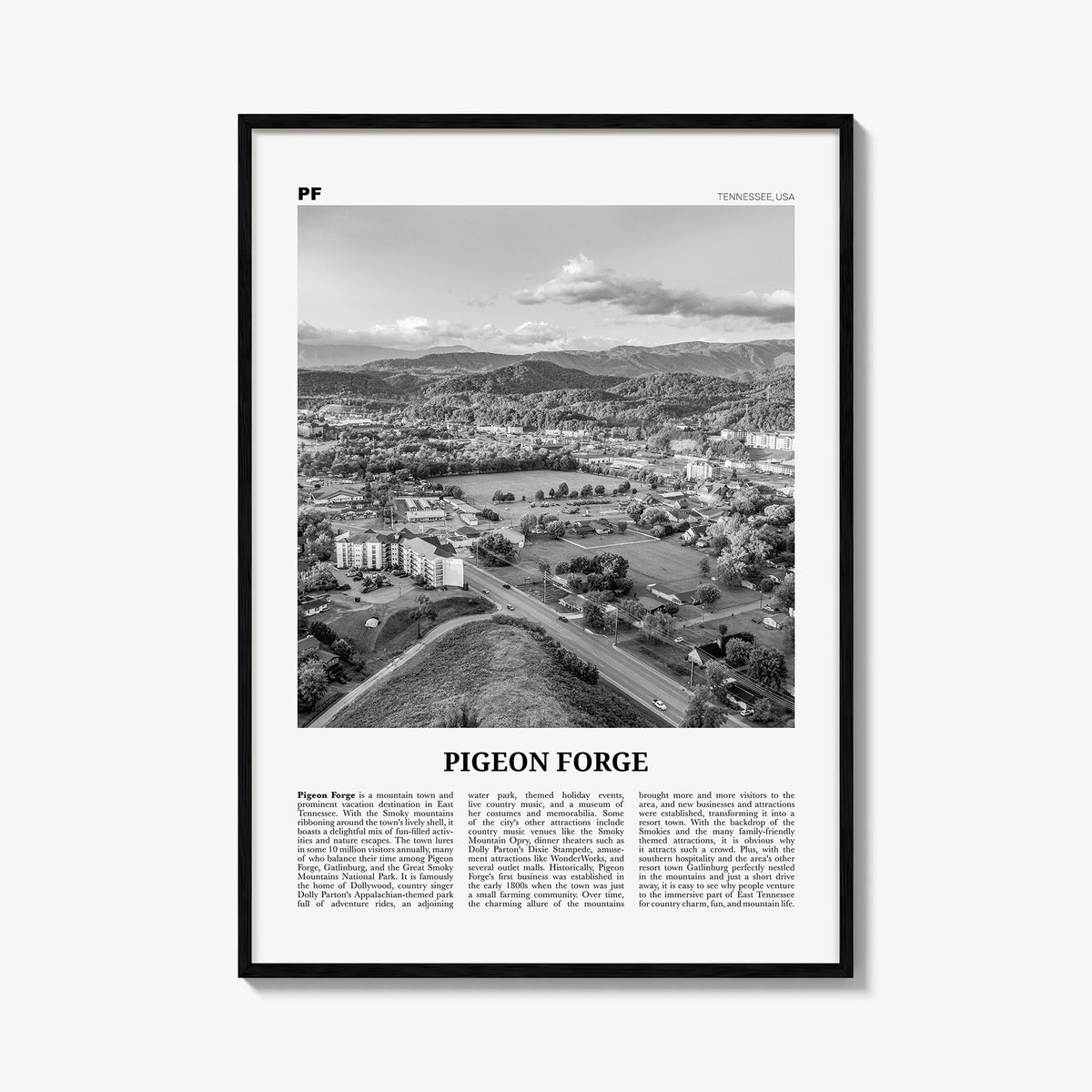 Pigeon Forge black & white newspaper poster of Tennessee, USA – vertical wall art, unframed print shown in interior mockup