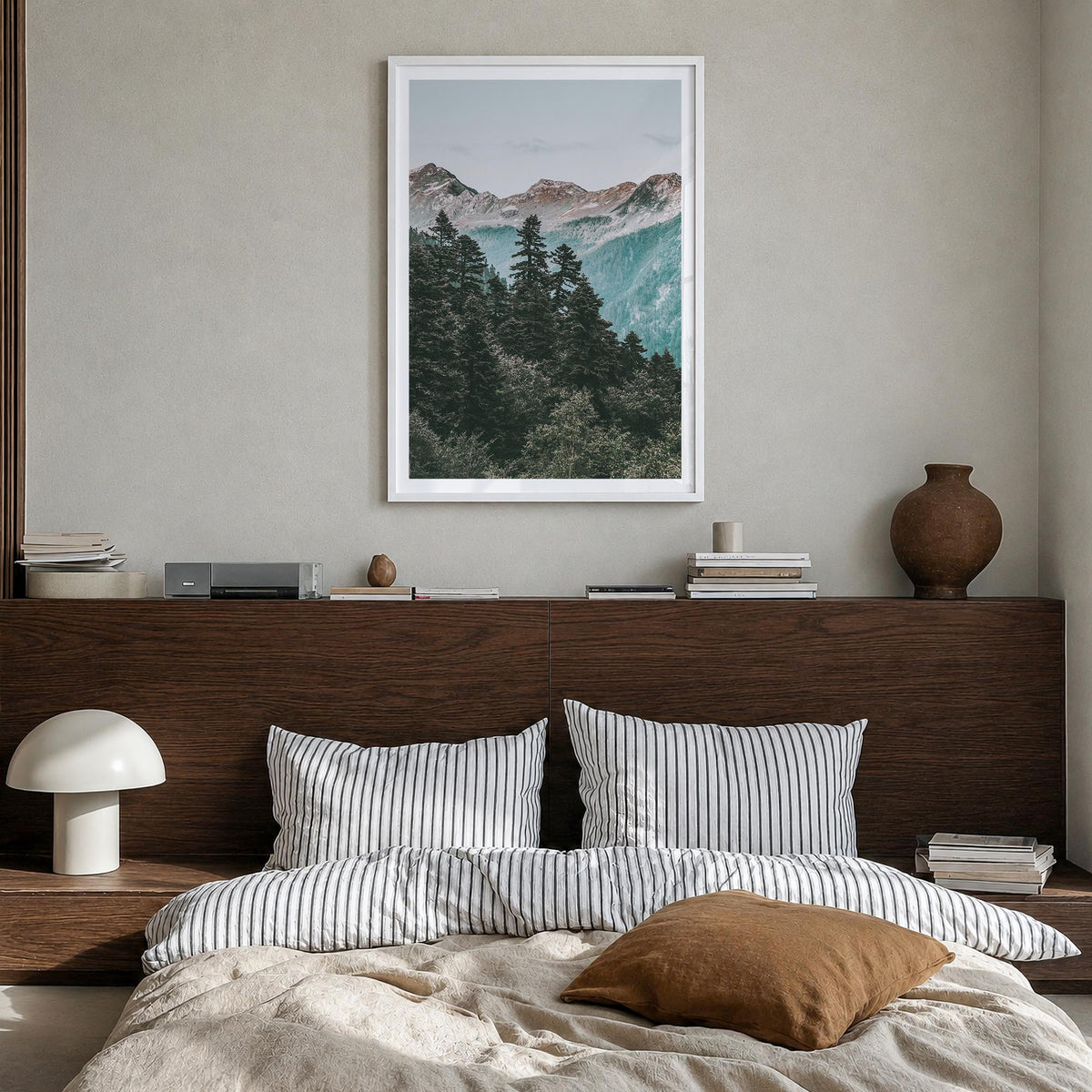 Pine Tree Forest colorful photo poster – vertical wall art in white wood frame with white border, hanging on wall