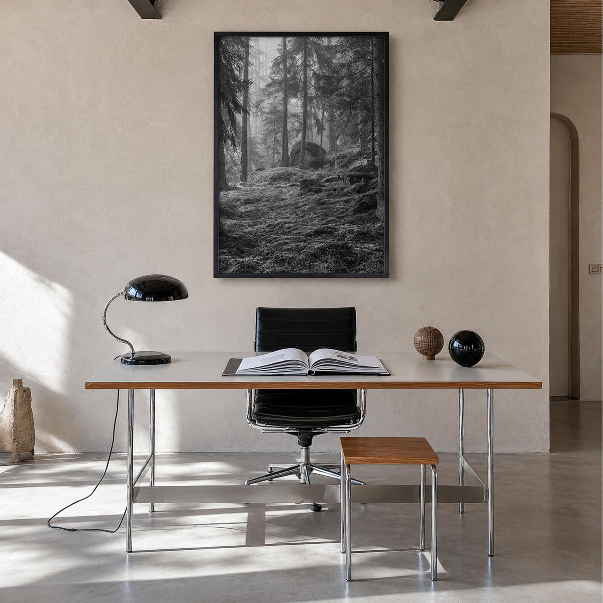 Pine Tree Forest no. 2 black & white photo poster – vertical wall art in black wood frame, hanging on wall