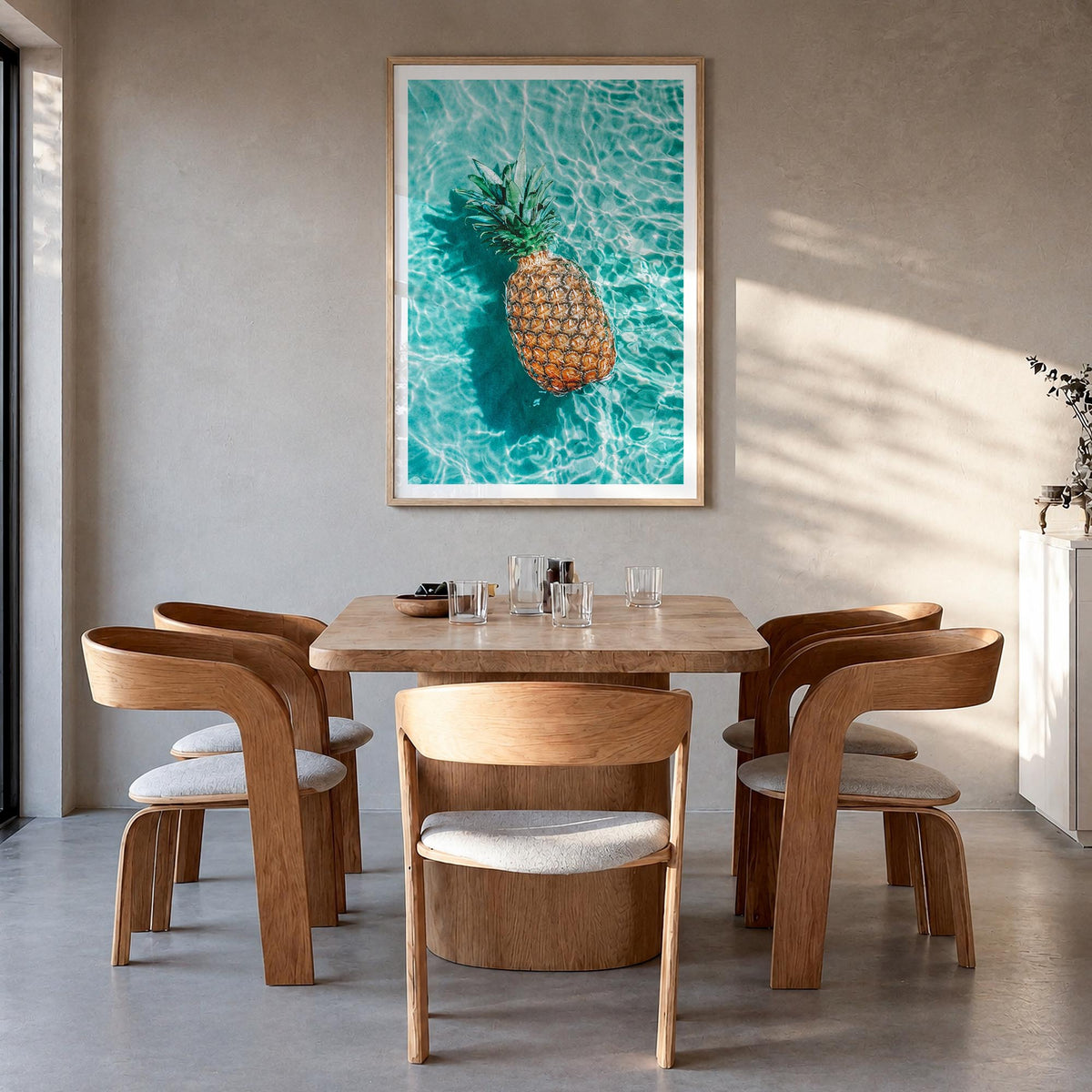 Pineapple no. 1 colorful photo poster – vertical wall art in natural wood frame with white border, hanging on wall