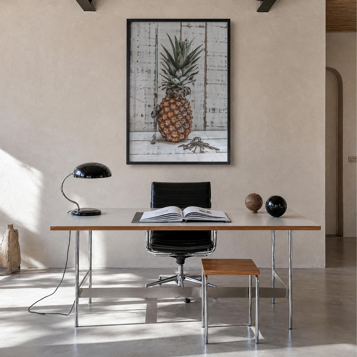 Pineapple no. 2 colorful photo poster – vertical wall art in black wood frame, hanging on wall