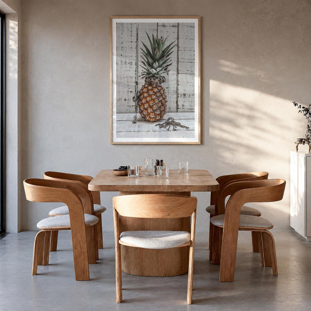 Pineapple no. 2 colorful photo poster – vertical wall art in natural wood frame with white border, hanging on wall