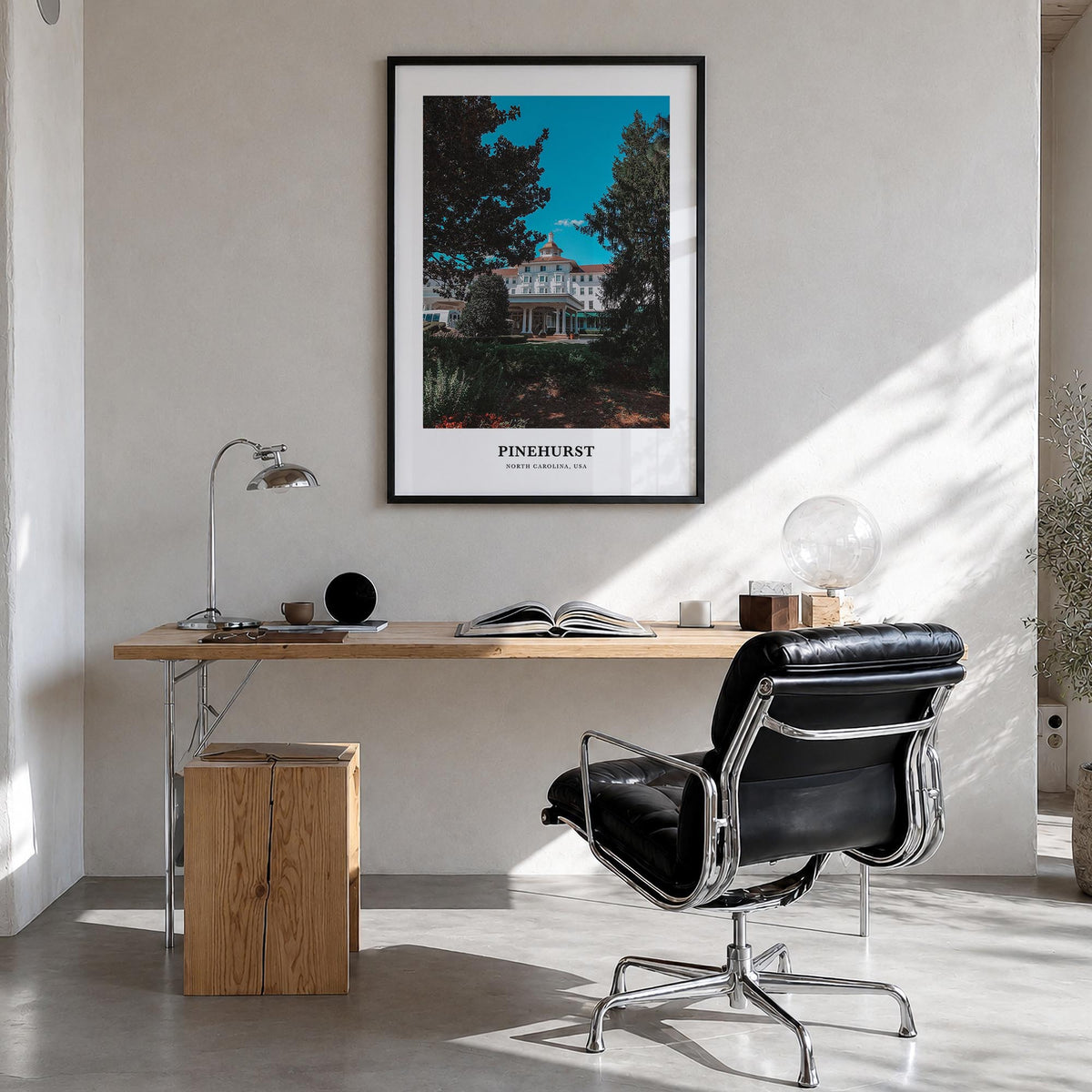 Pinehurst colorful classic poster of North Carolina, USA – vertical wall art in black wood frame, hanging on wall