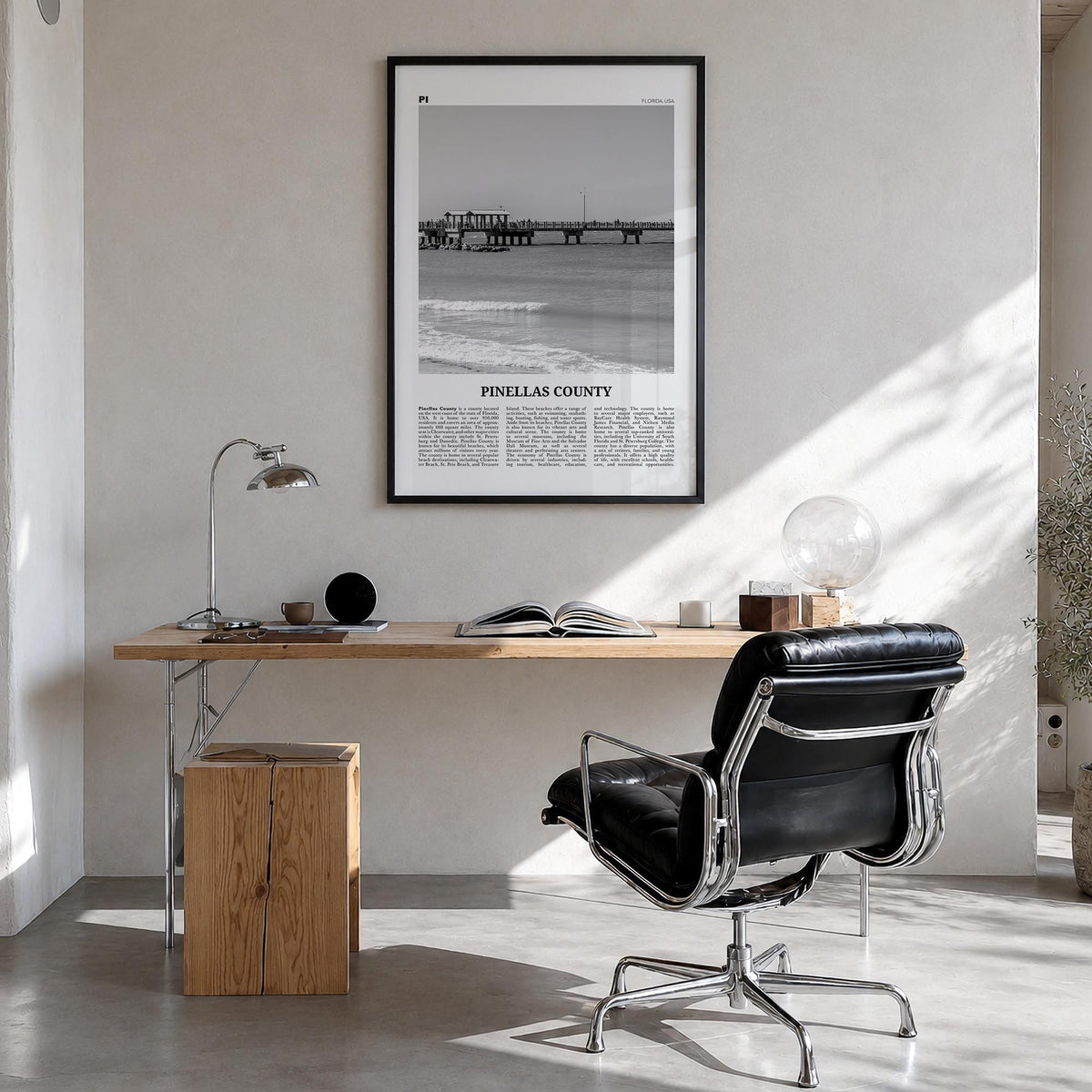 Pinellas County black & white newspaper poster of Florida, USA – vertical wall art in black wood frame, hanging on wall