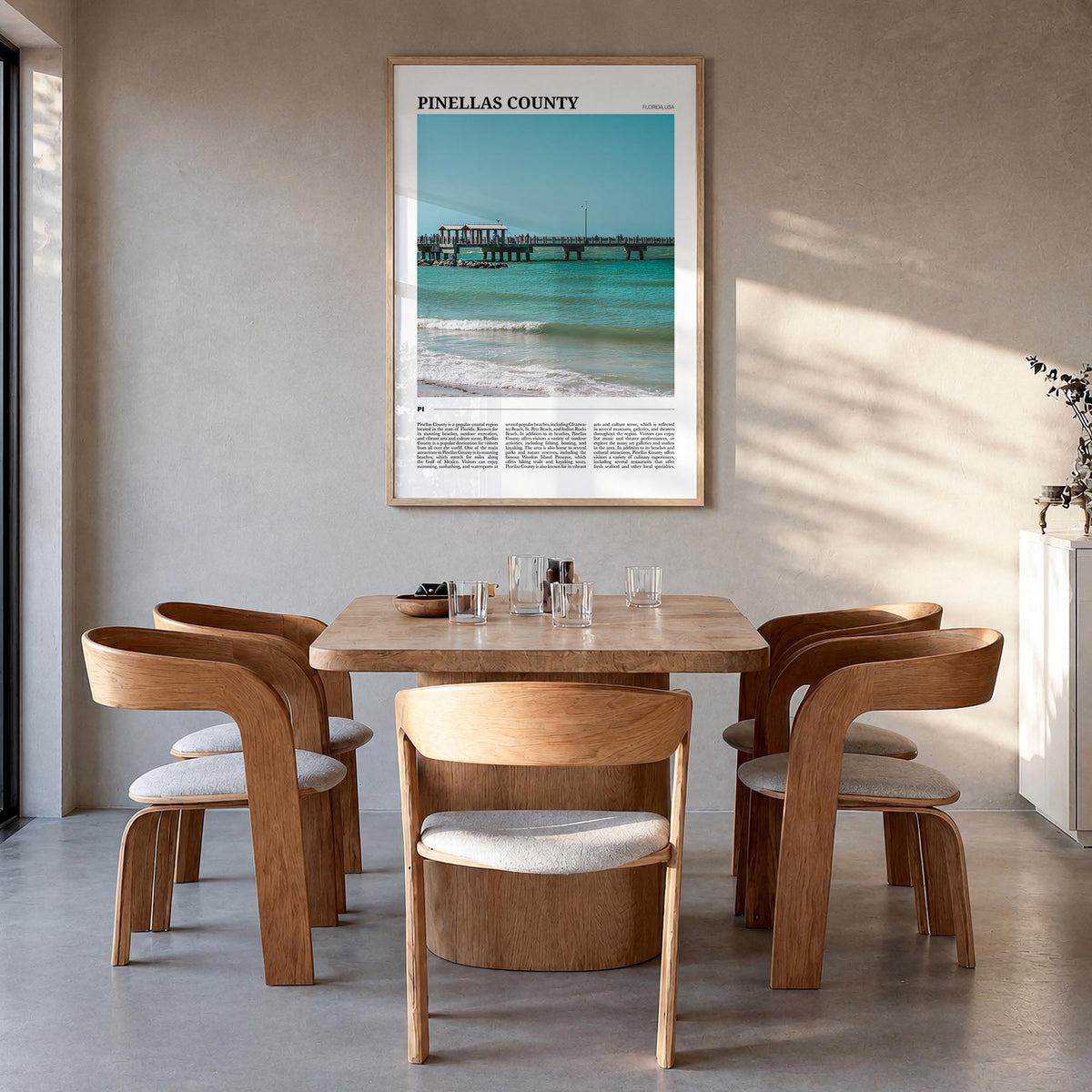 Pinellas County colorful travel poster of Florida, USA – vertical wall art in natural wood frame, hanging on wall