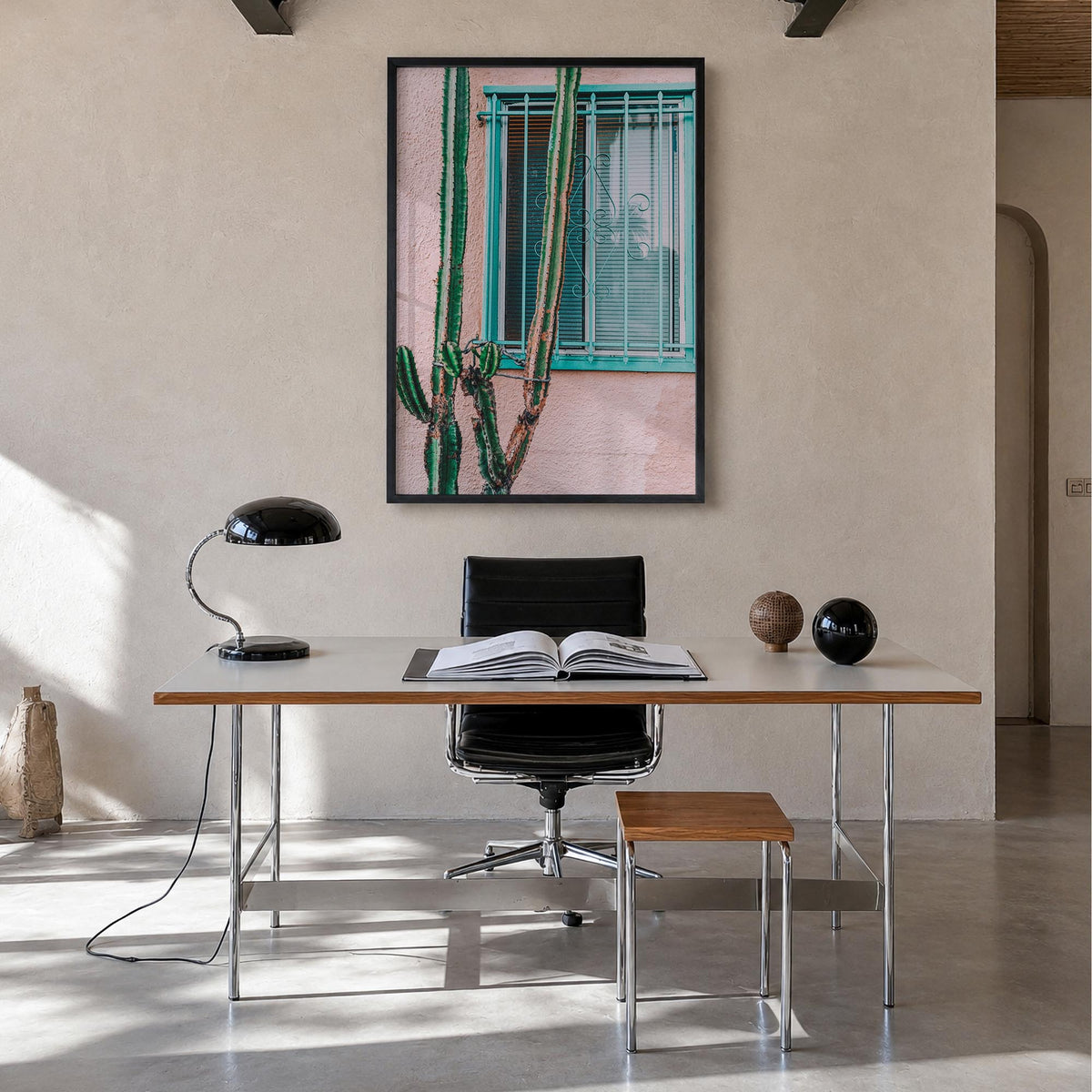 Pink Cactus colorful photo poster – vertical wall art in black wood frame, hanging on wall