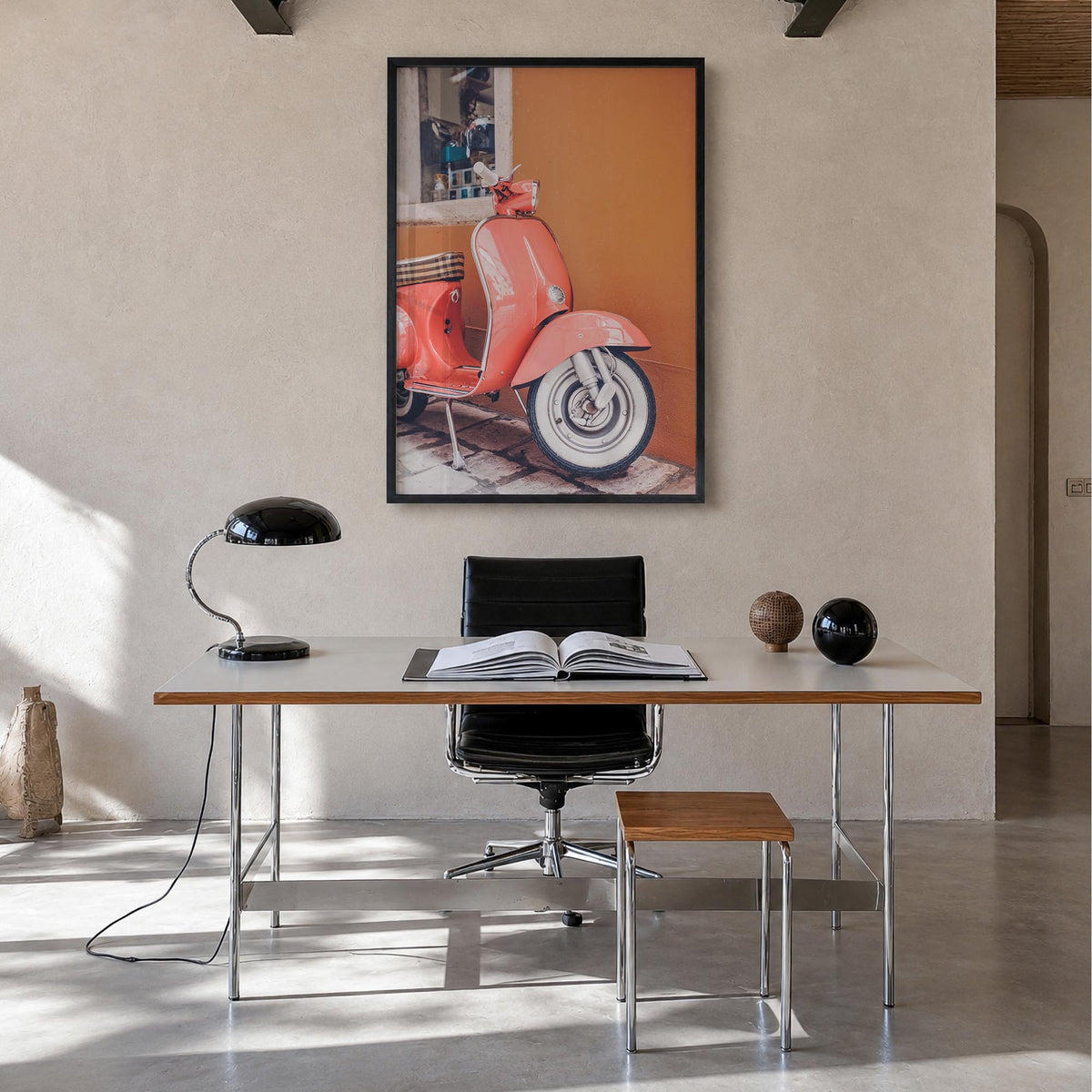 Pink Scooter in Italy colorful photo poster – vertical wall art in black wood frame, hanging on wall