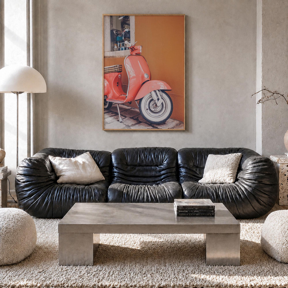 Pink Scooter in Italy colorful photo poster – vertical wall art in natural wood frame, hanging on wall
