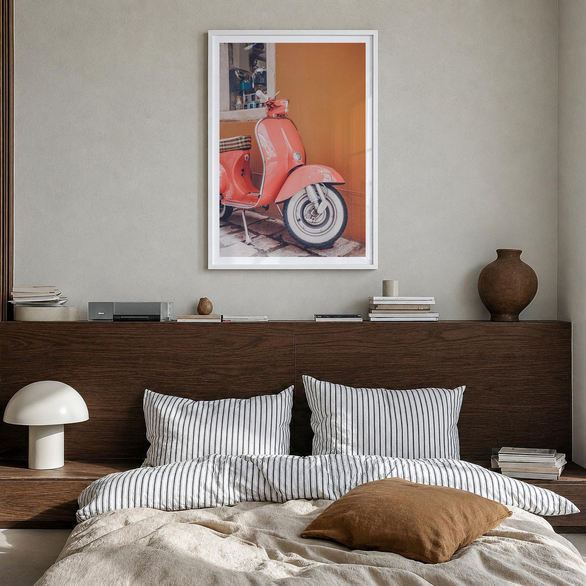 Pink Scooter in Italy colorful photo poster – vertical wall art in white wood frame with white border, hanging on wall
