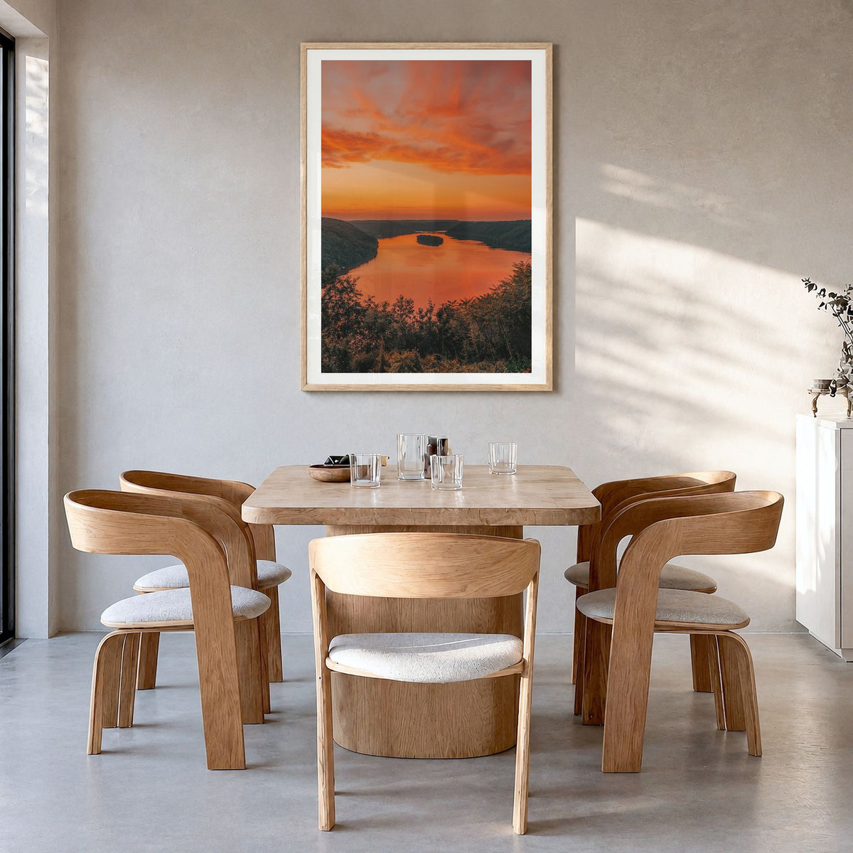 Pinnacle Overlook Photo Poster in a natural wood frame, hanging in a dining room, white border
