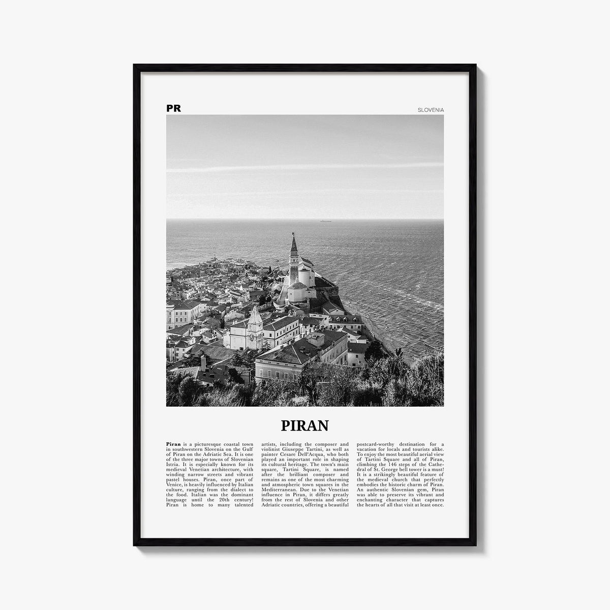 Piran black & white newspaper poster of Slovenia – vertical wall art, unframed print shown in interior mockup