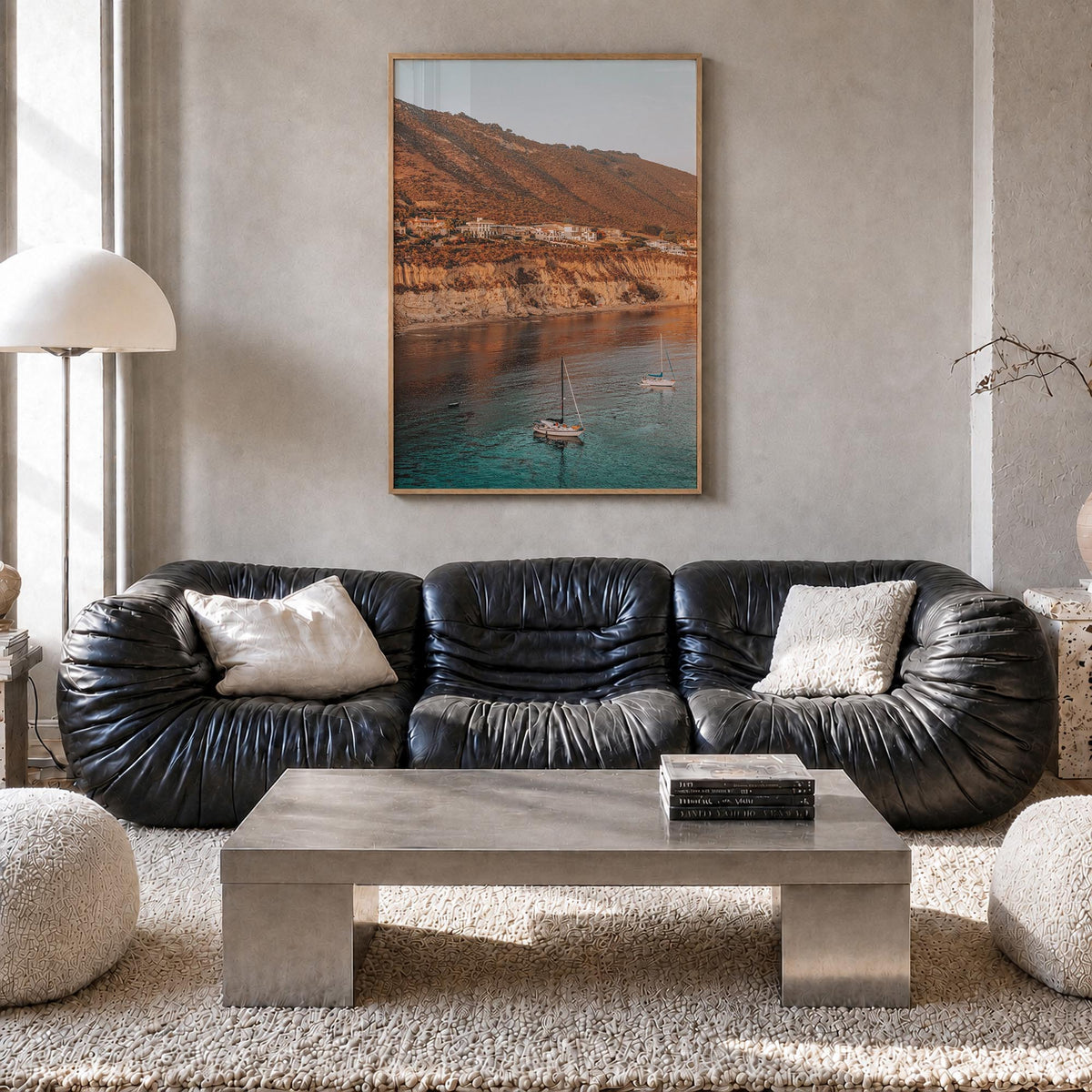 Pirates Cove Beach colorful photo poster of California, USA – vertical wall art in natural wood frame, hanging on wall