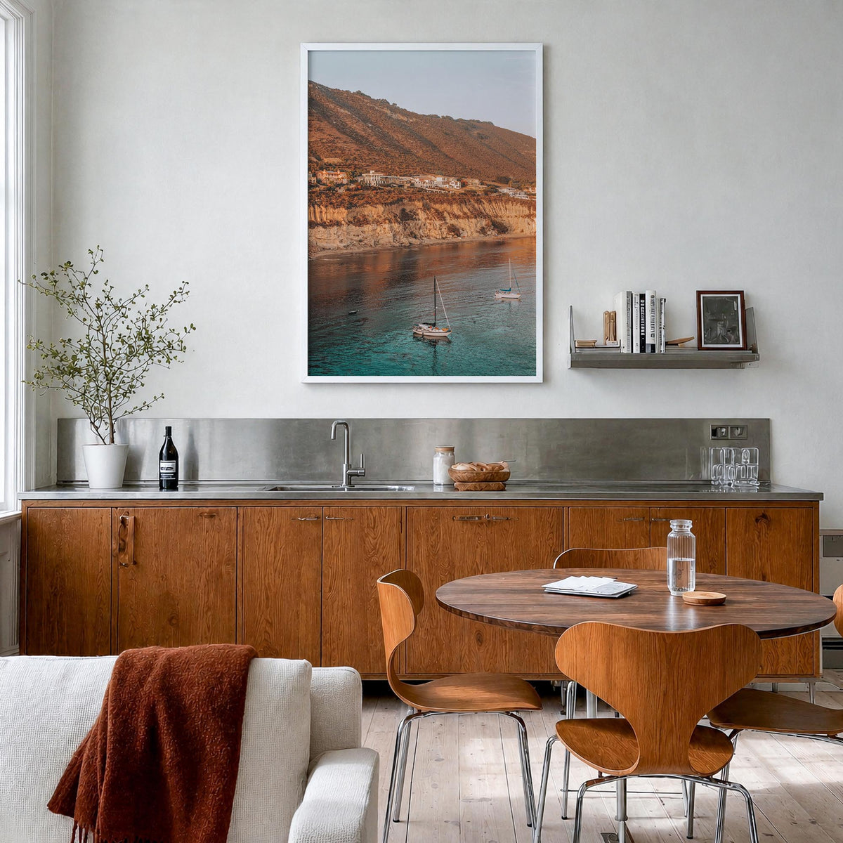 Pirates Cove Beach colorful photo poster of California, USA – vertical wall art in white wood frame, hanging on wall