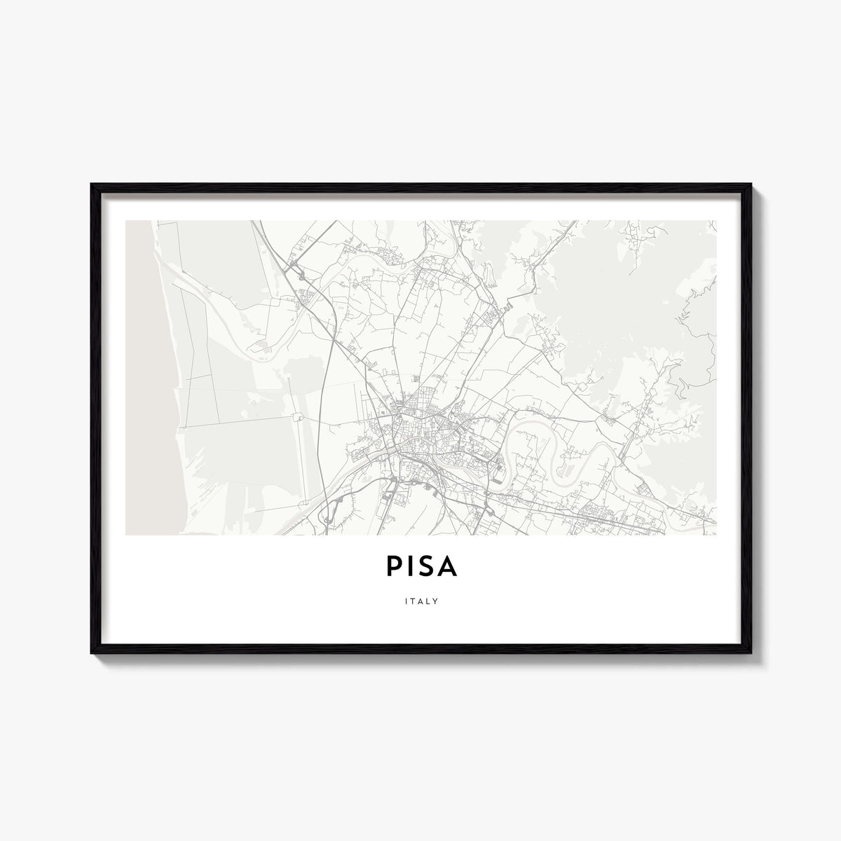 Pisa black & white map poster of Italy – horizontal wall art, unframed print shown in interior mockup