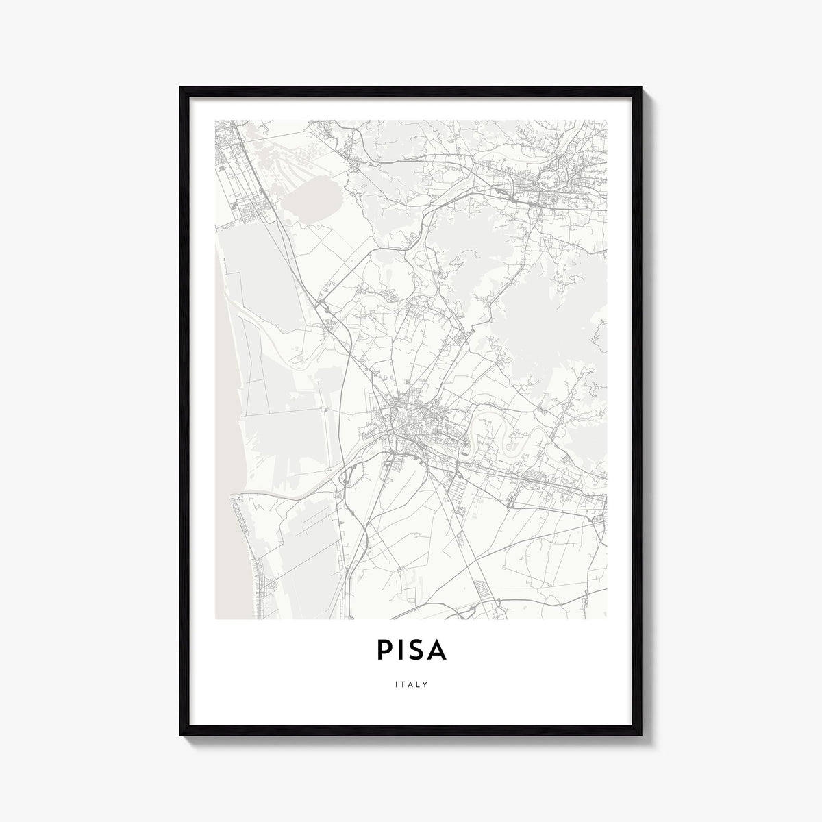 Pisa black & white map poster of Italy – vertical wall art, unframed print shown in interior mockup