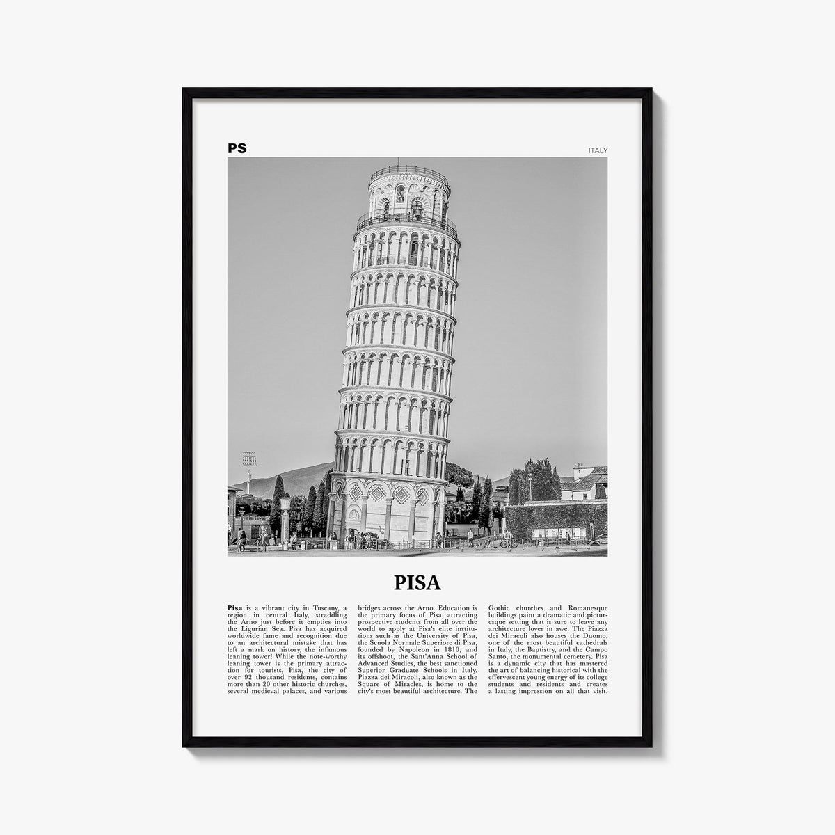 Pisa black & white newspaper poster of Italy – vertical wall art, unframed print shown in interior mockup