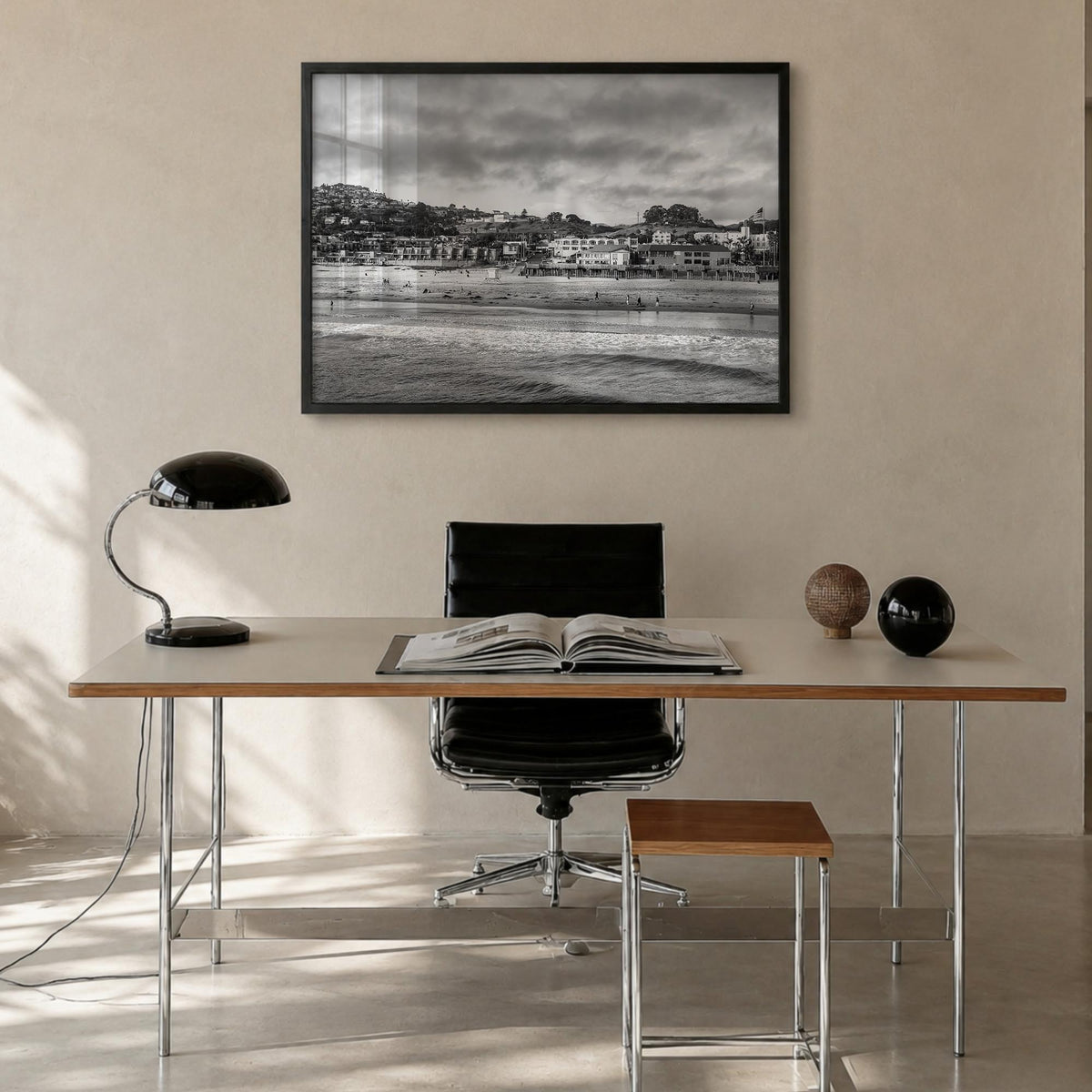 Pismo Beach black & white photo poster of California, USA – horizontal wall art in black wood frame, hanging on wall