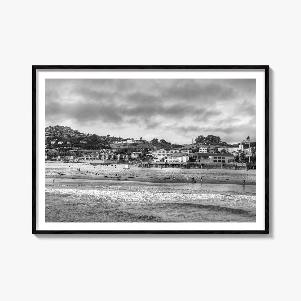 Pismo Beach black & white photo poster of California, USA – horizontal wall art, unframed print shown in interior mockup