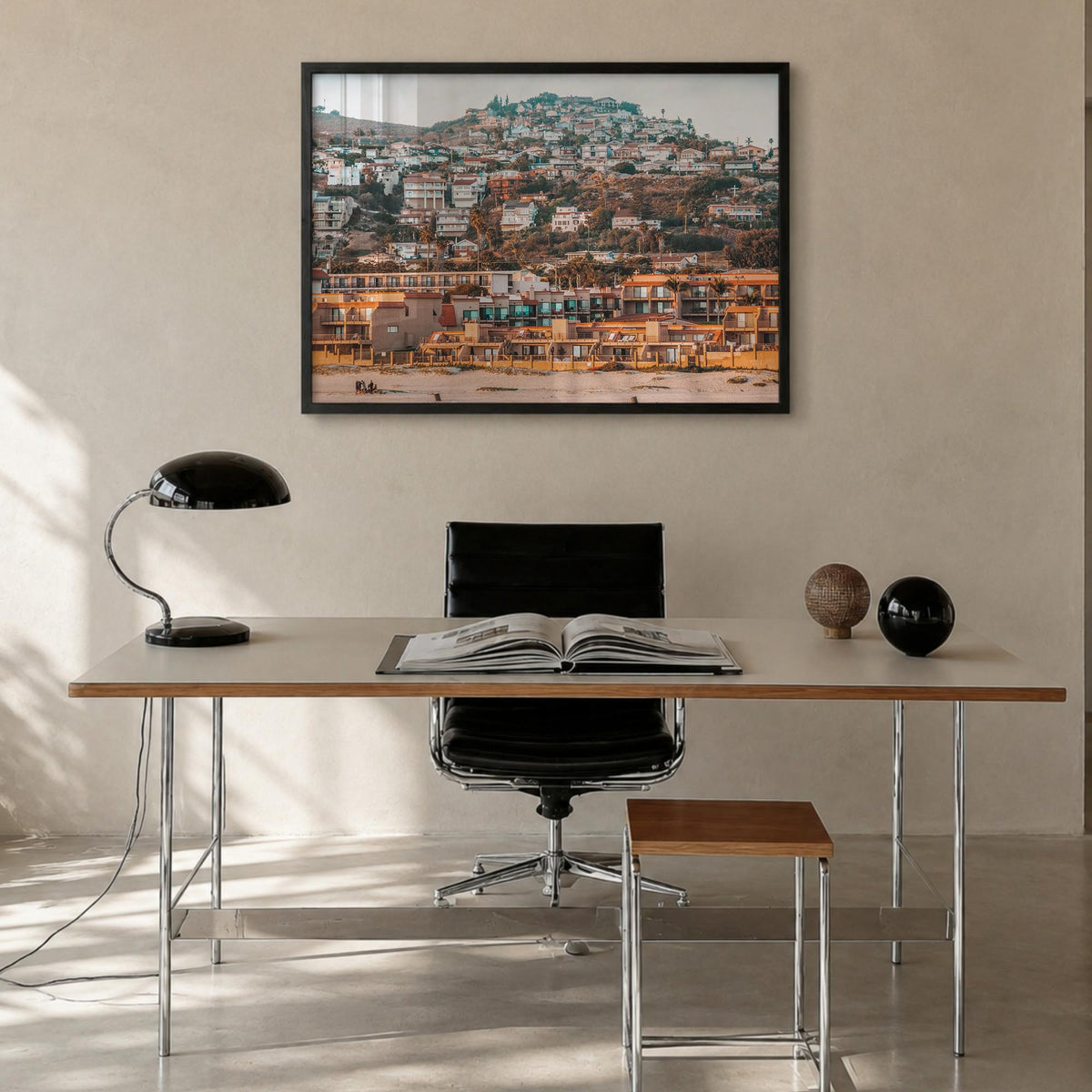 Pismo Beach colorful photo poster of California, USA – horizontal wall art in black wood frame, hanging on wall