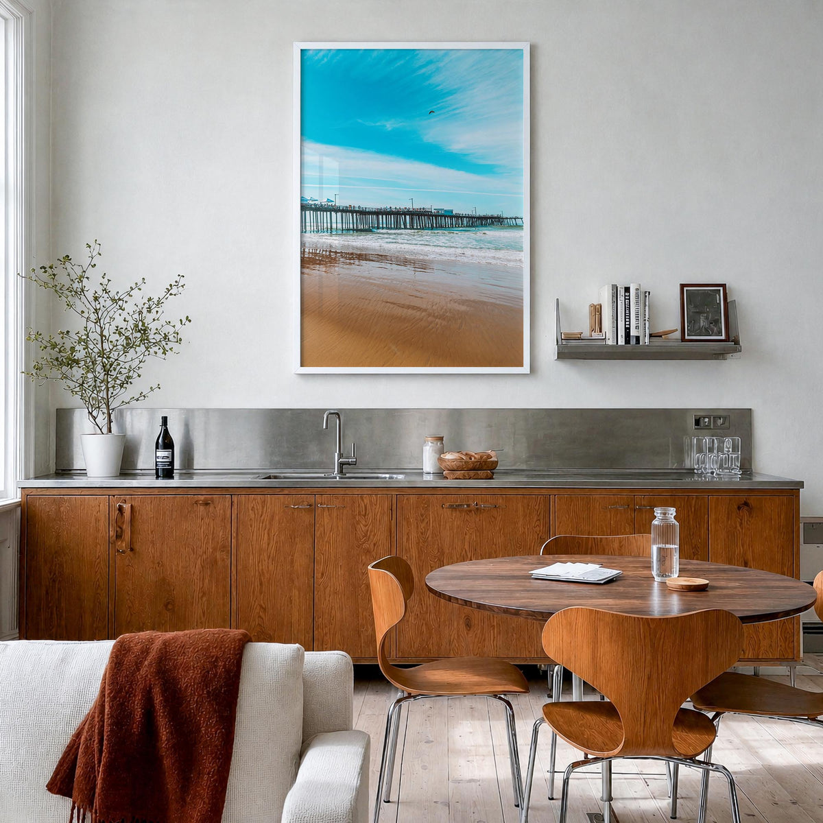 Pismo Beach no. 1 colorful photo poster of California, USA – vertical wall art in white wood frame, hanging on wall