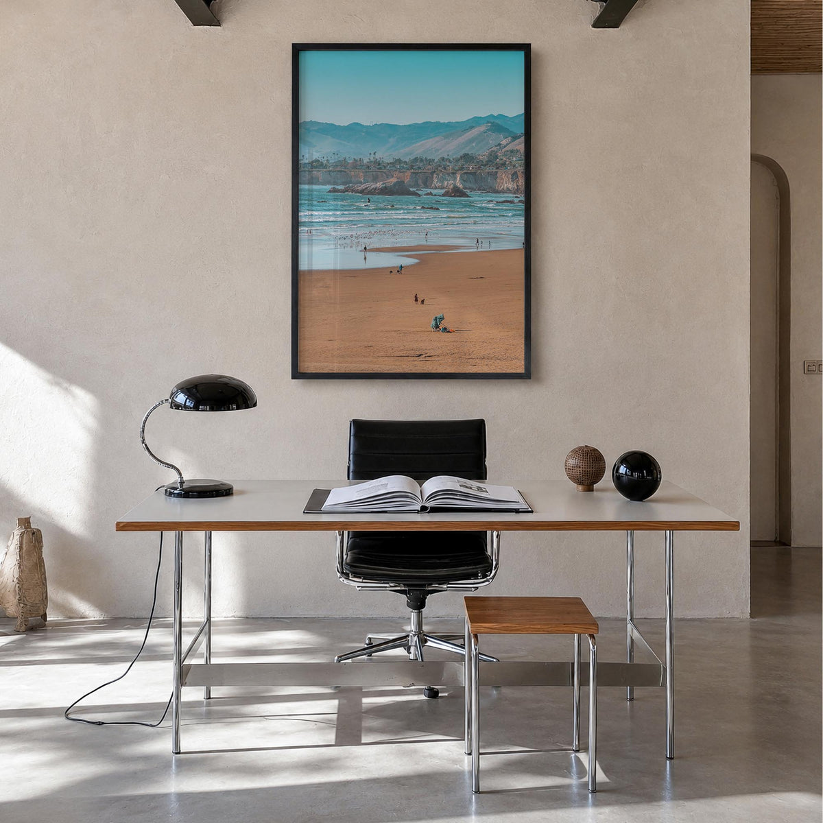 Pismo Beach no. 2 colorful photo poster of California, USA – vertical wall art in black wood frame, hanging on wall
