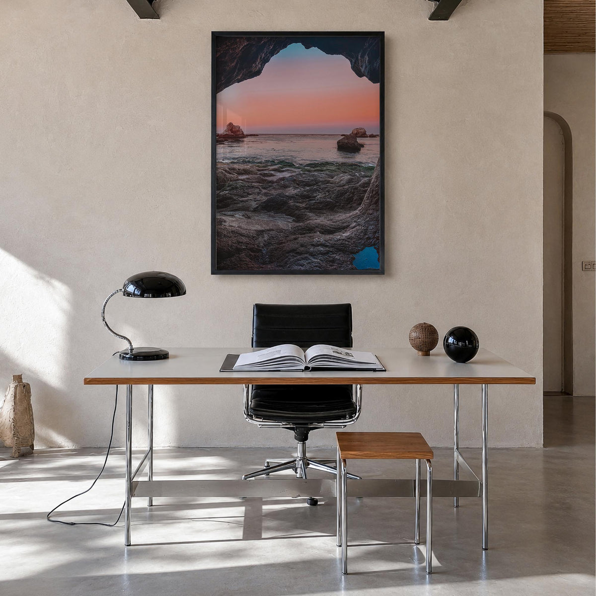 Pismo Beach no. 3 colorful photo poster of California, USA – vertical wall art in black wood frame, hanging on wall