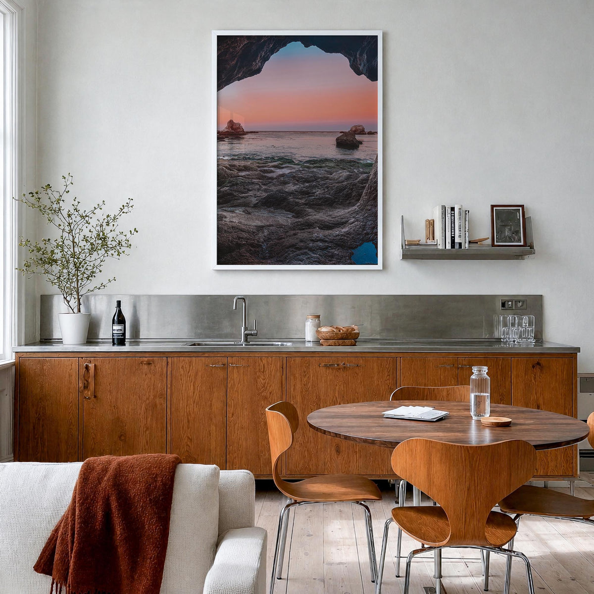 Pismo Beach no. 3 colorful photo poster of California, USA – vertical wall art in white wood frame, hanging on wall