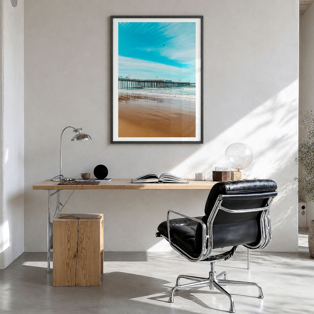 Pismo Beach Photo No 1 Poster in a black wood frame, hanging in a bright home office, white border