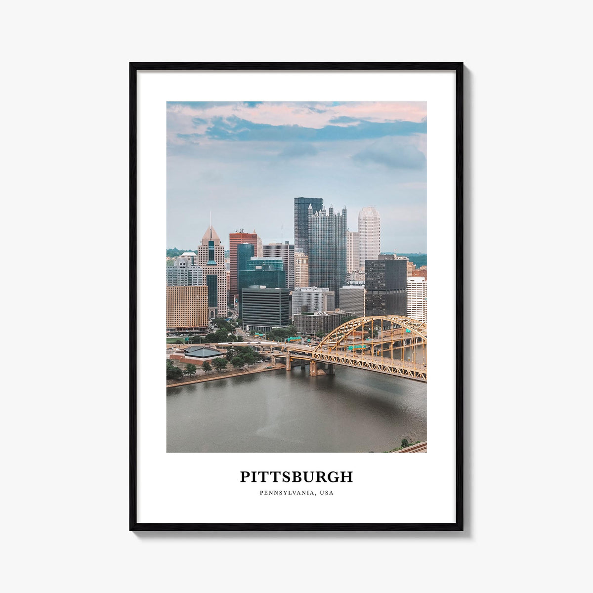 Pittsburgh colorful classic poster of Pennsylvania, USA – vertical wall art, unframed print shown in interior mockup