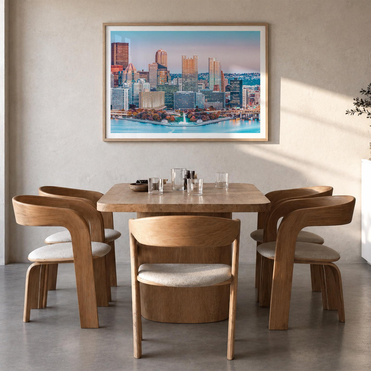 Pittsburgh colorful photo poster of Pennsylvania, USA – horizontal wall art in natural wood frame with white border, hanging