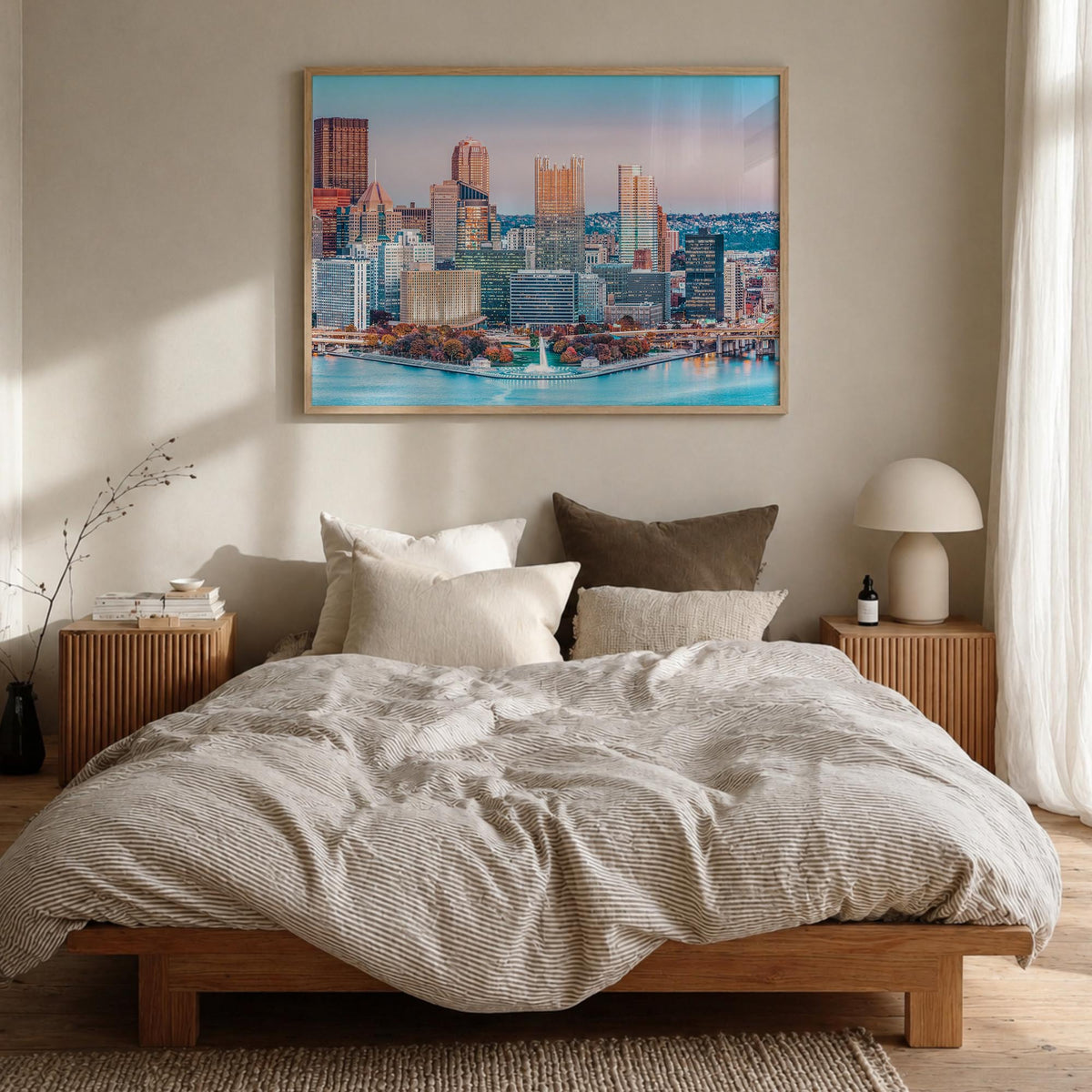 Pittsburgh colorful photo poster of Pennsylvania, USA – horizontal wall art in natural wood frame, hanging on wall