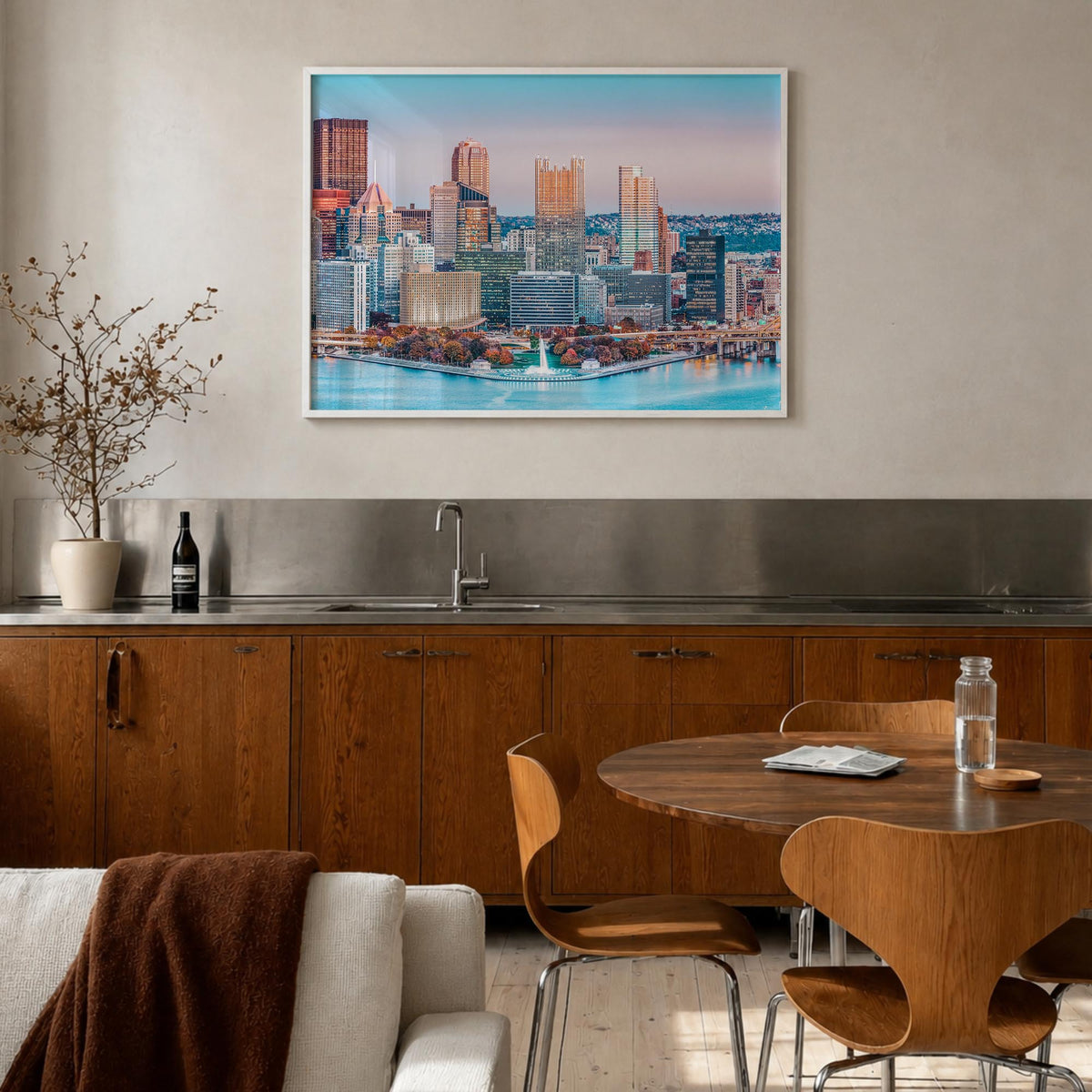Pittsburgh colorful photo poster of Pennsylvania, USA – horizontal wall art in white wood frame, hanging on wall