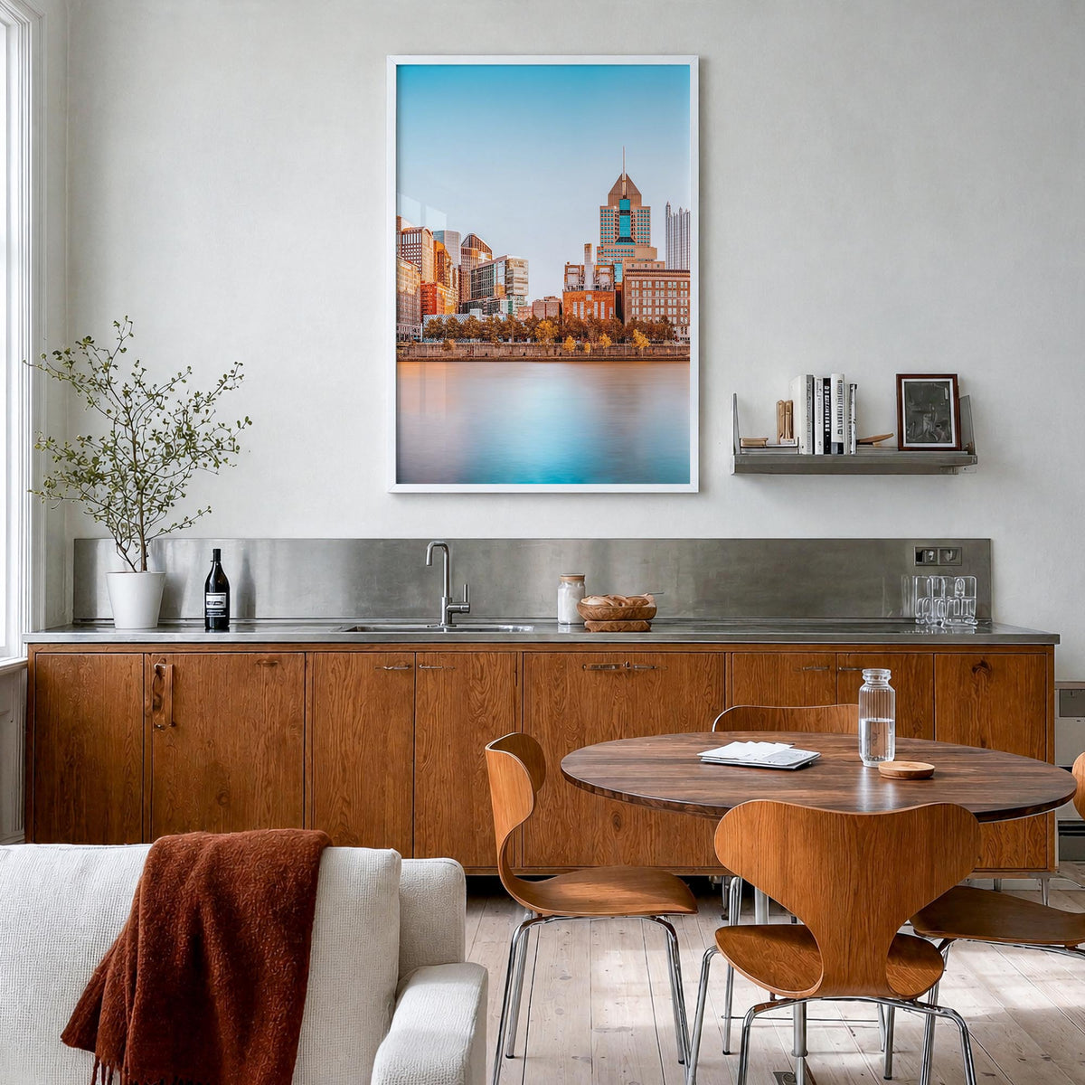 Pittsburgh colorful photo poster of Pennsylvania, USA – vertical wall art in white wood frame, hanging on wall