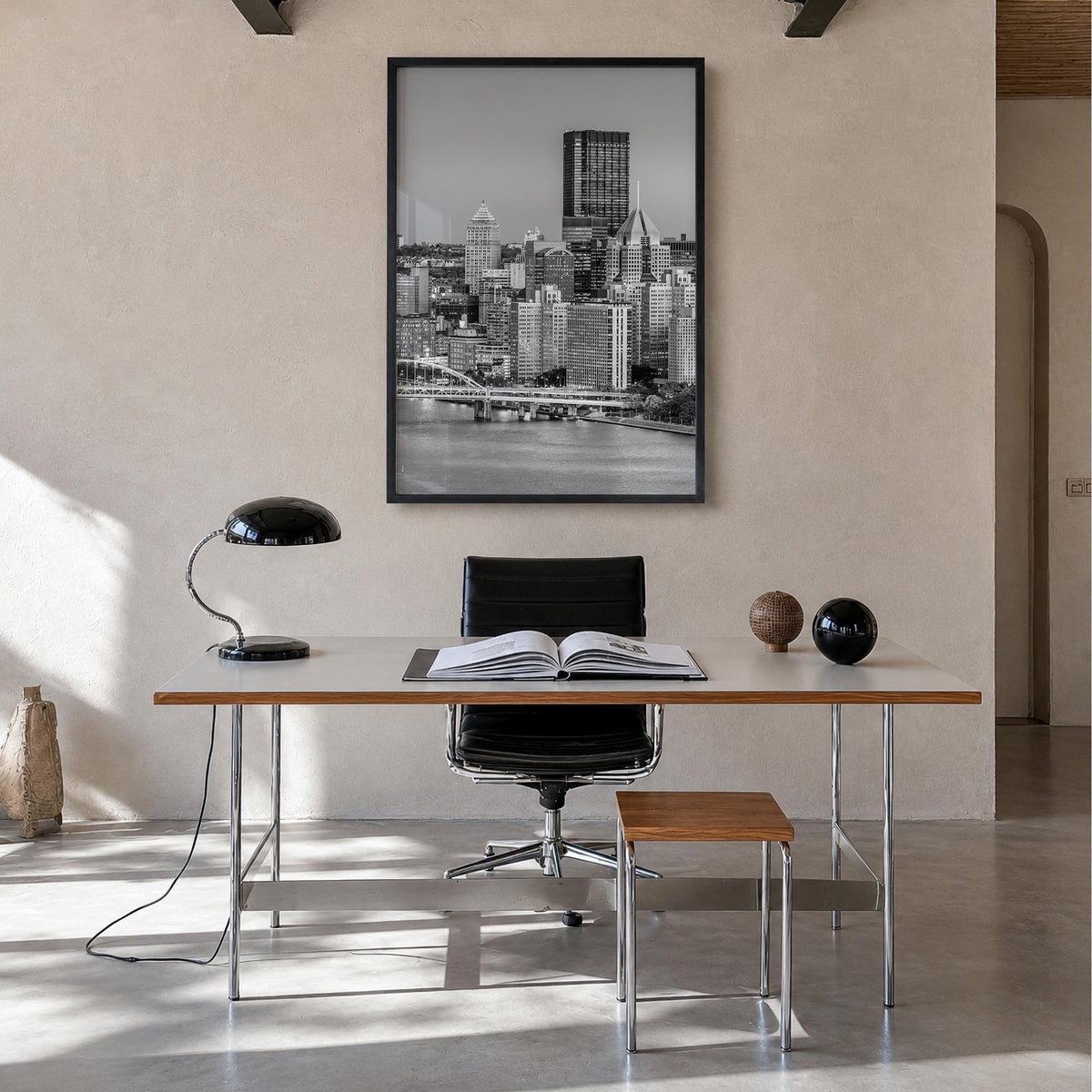 Pittsburgh no. 1 black & white photo poster of Pennsylvania, USA – vertical wall art in black wood frame, hanging on wall