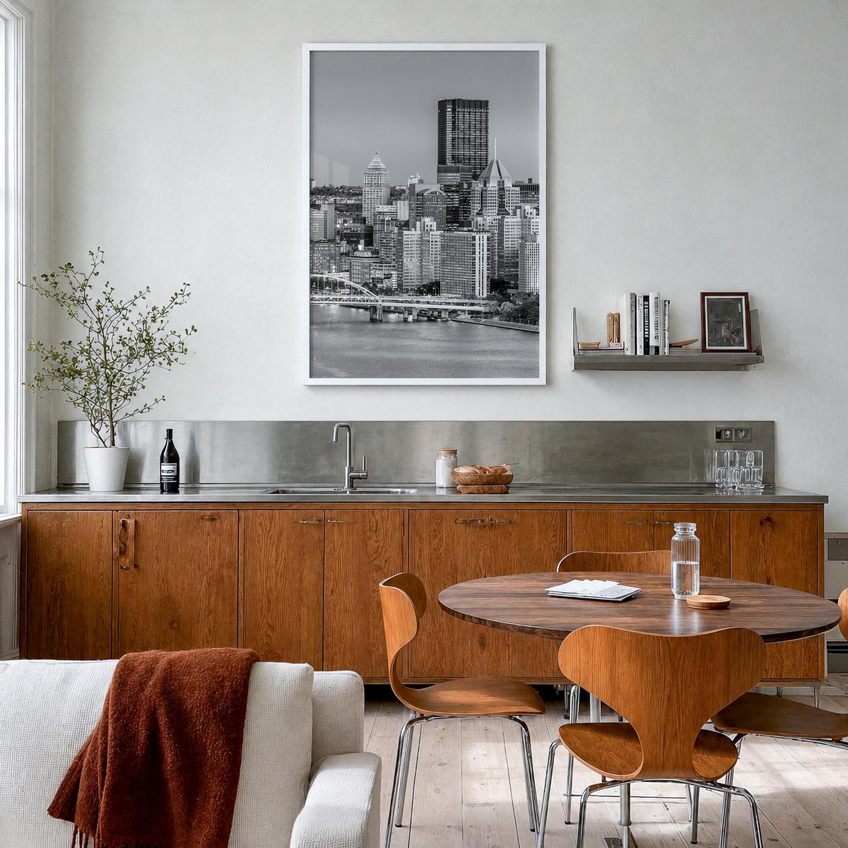Pittsburgh no. 1 black & white photo poster of Pennsylvania, USA – vertical wall art in white wood frame, hanging on wall