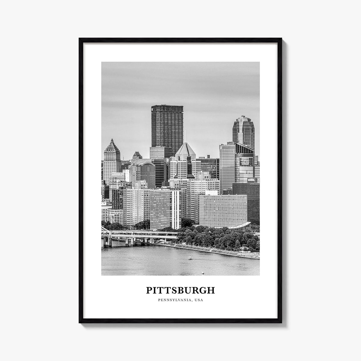 Pittsburgh no. 2 black & white classic poster of Pennsylvania, USA – vertical wall art, unframed print shown in interior mock