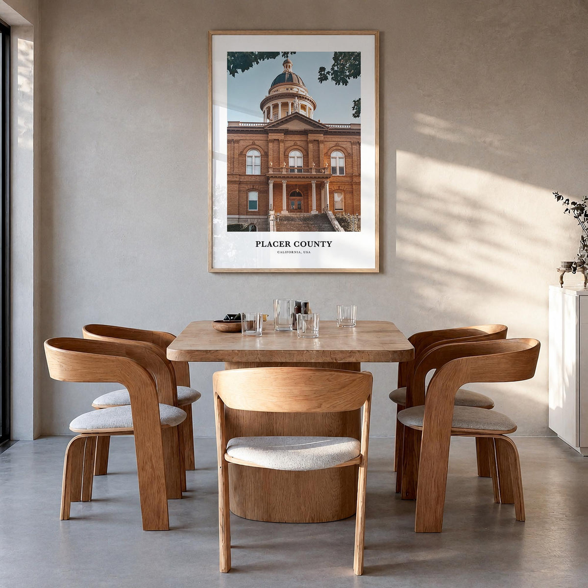 Placer County colorful classic poster of California, USA – vertical wall art in natural wood frame, hanging on wall