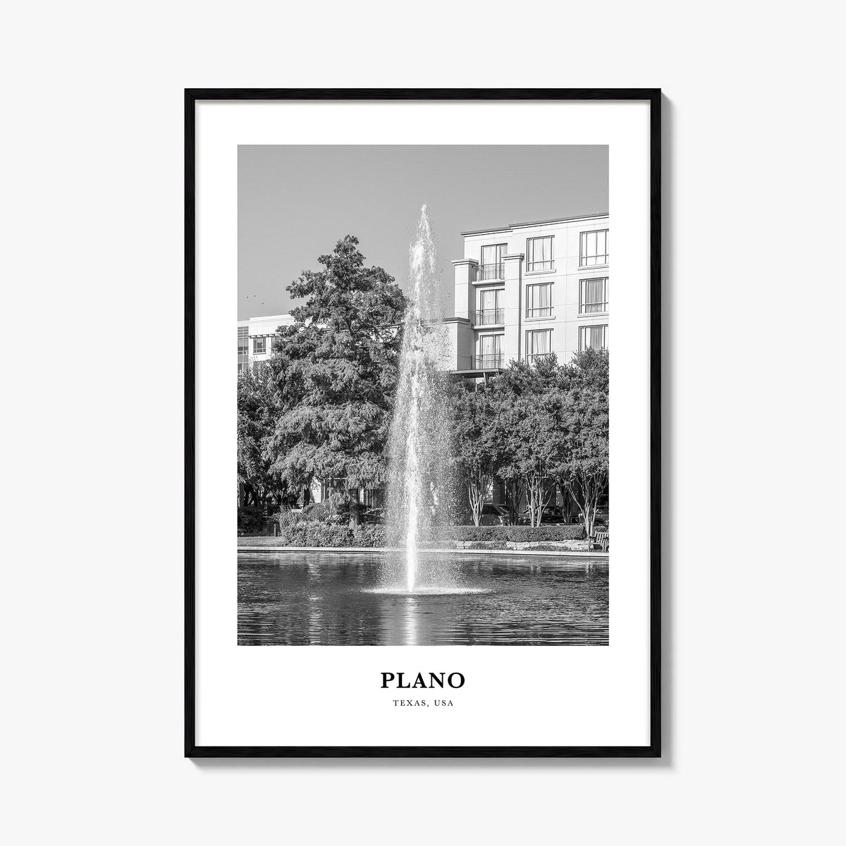Plano black & white classic poster of Texas, USA – vertical wall art, unframed print shown in interior mockup