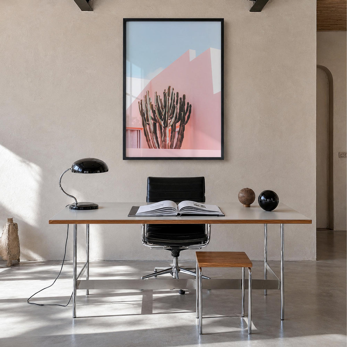 Plants on Pink colorful photo poster – vertical wall art in black wood frame, hanging on wall