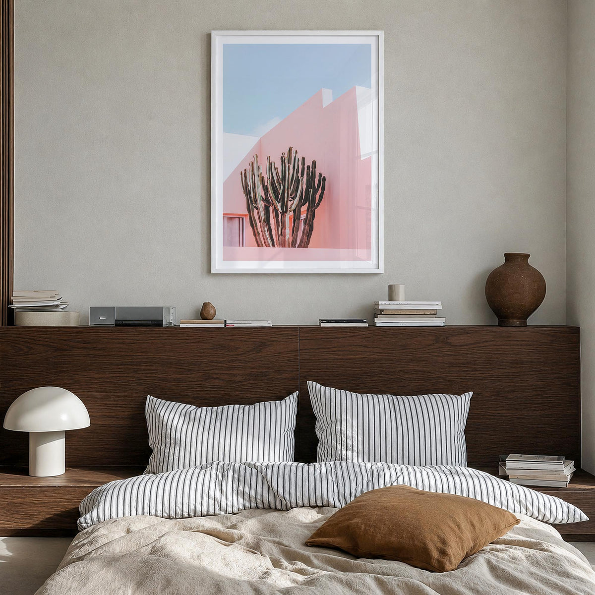 Plants on Pink colorful photo poster – vertical wall art in white wood frame with white border, hanging on wall