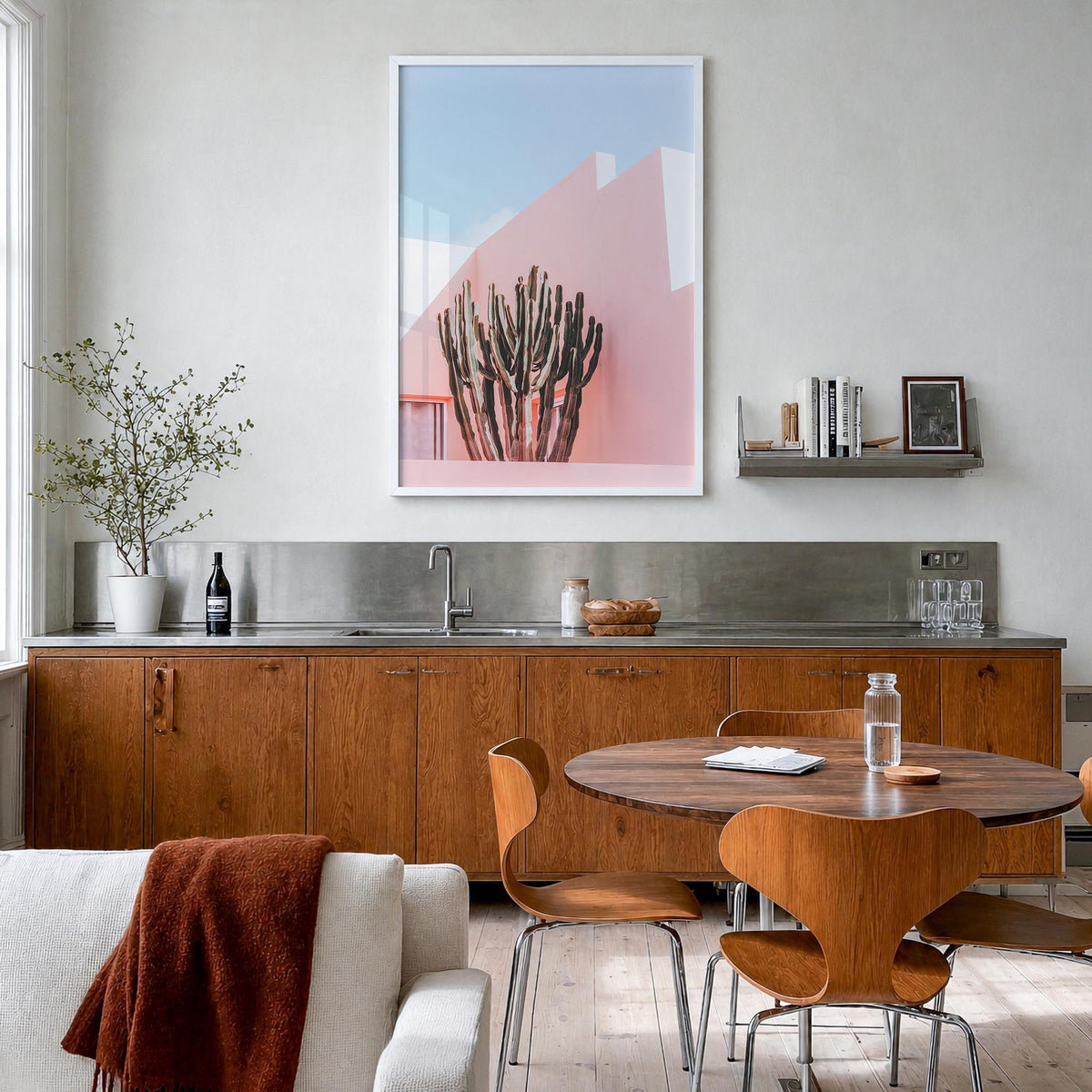 Plants on Pink colorful photo poster – vertical wall art in white wood frame, hanging on wall