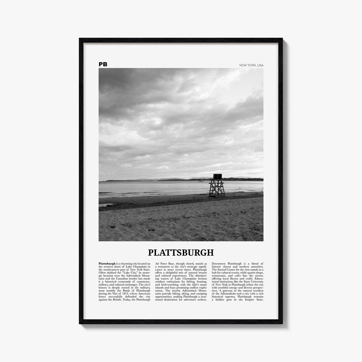 Plattsburgh black & white newspaper poster of New York, USA – vertical wall art, unframed print shown in interior mockup