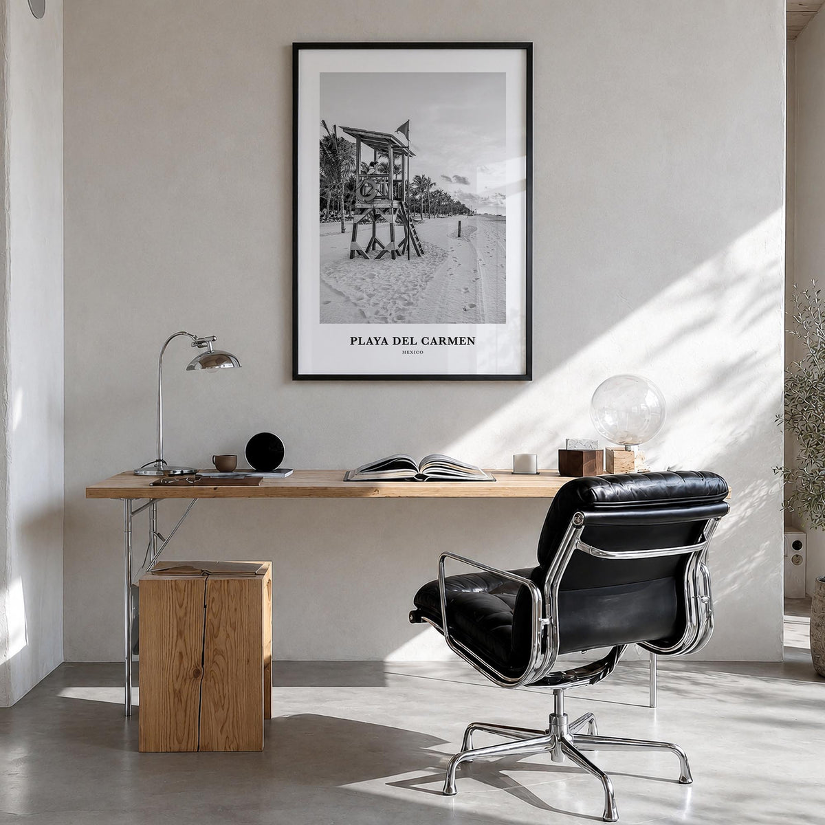 Playa del Carmen black & white classic poster of Mexico – vertical wall art in black wood frame, hanging on wall