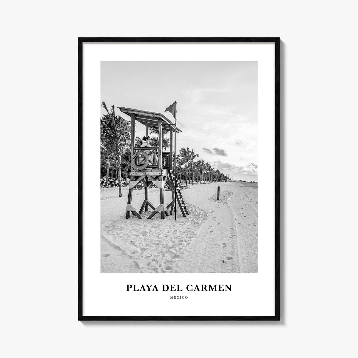 Playa del Carmen black & white classic poster of Mexico – vertical wall art, unframed print shown in interior mockup