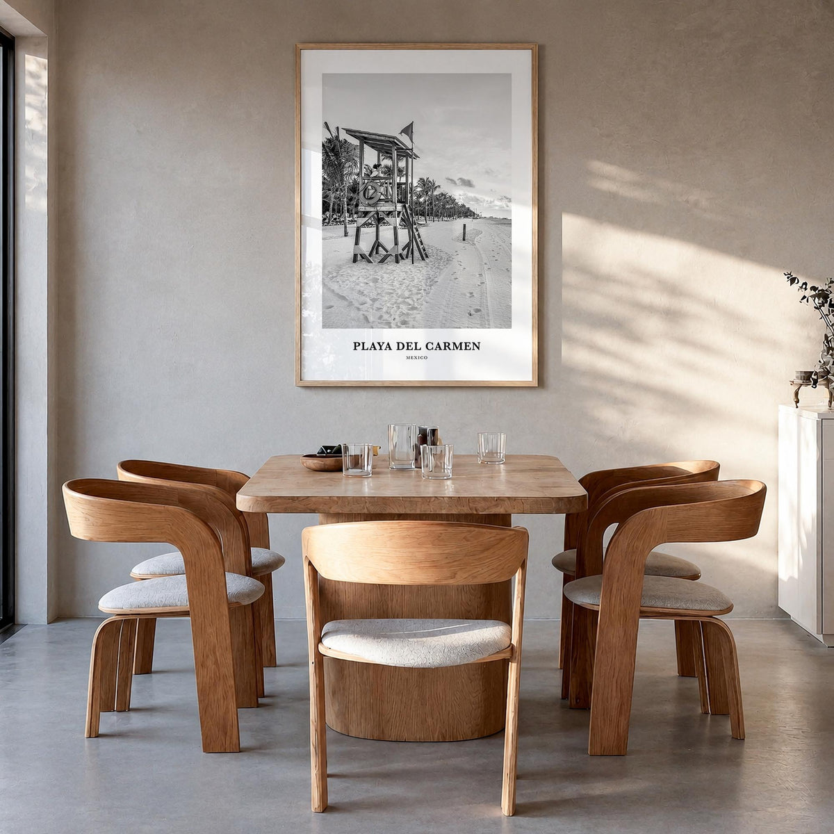 Playa del Carmen black & white classic poster of Mexico – vertical wall art in natural wood frame, hanging on wall