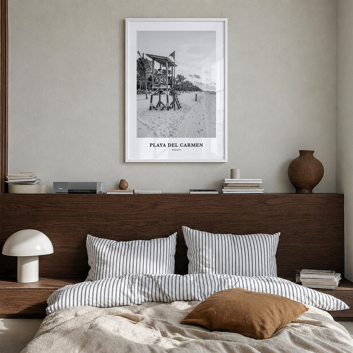 Playa del Carmen black & white classic poster of Mexico – vertical wall art in white wood frame, hanging on wall