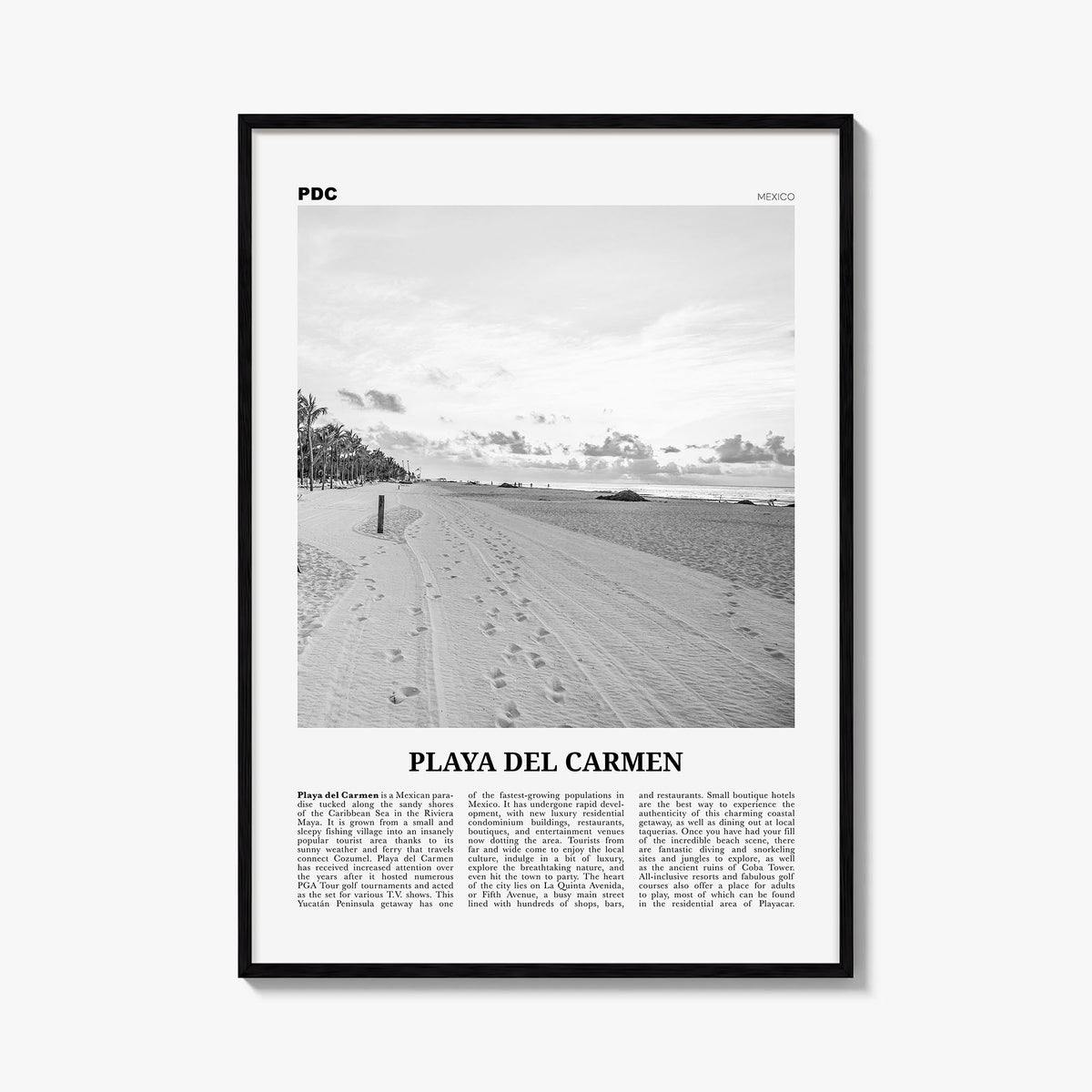 Playa del Carmen black & white newspaper poster of Mexico – vertical wall art, unframed print shown in interior mockup