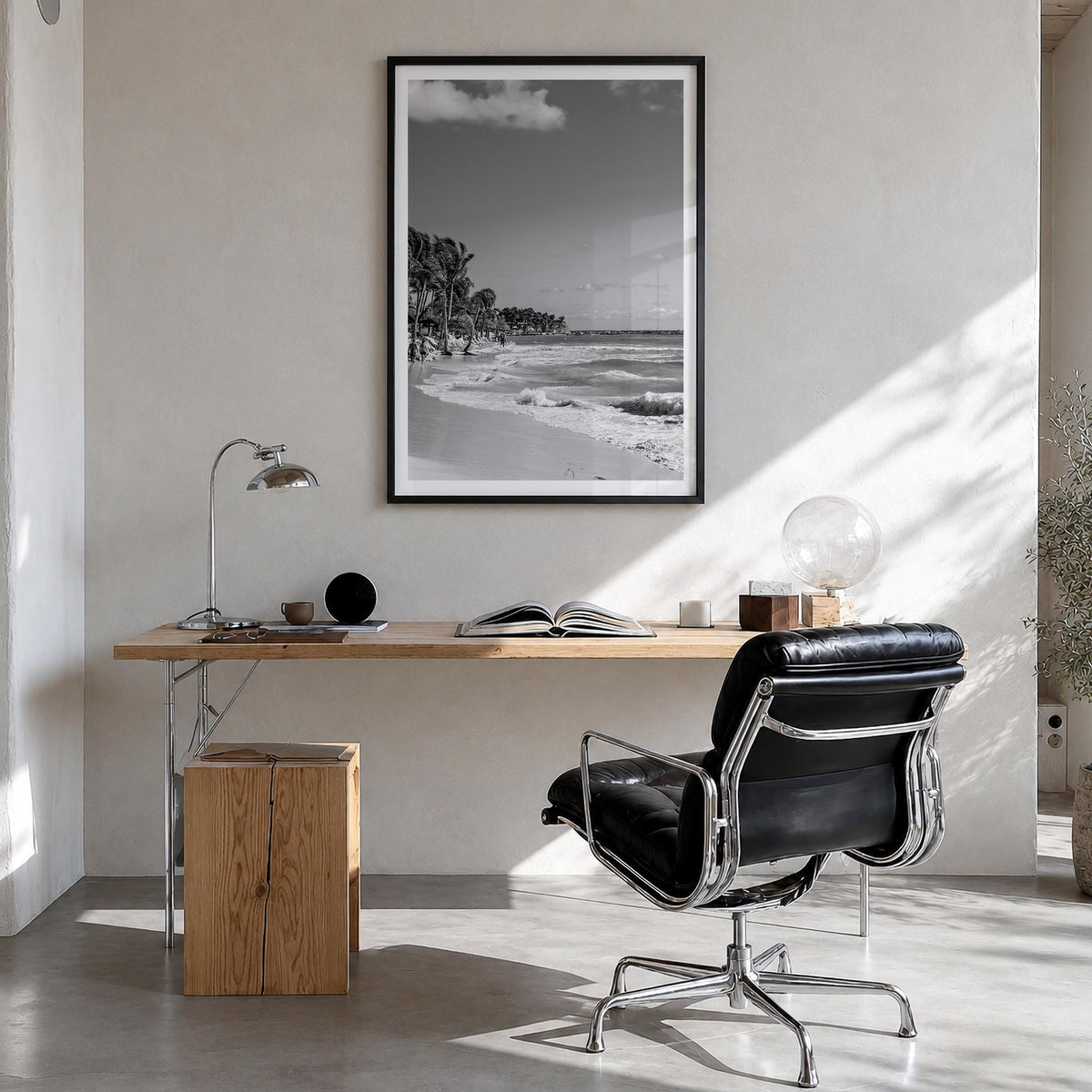 Playa del Carmen black & white photo poster of Mexico – vertical wall art in black wood frame with white border, hanging on w