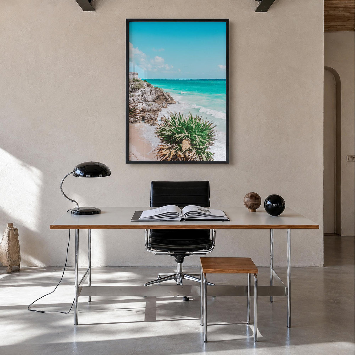Playa del Carmen colorful photo poster of Mexico – vertical wall art in black wood frame, hanging on wall